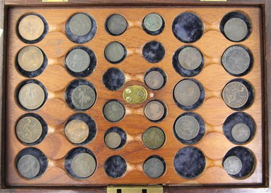 British Isles coinage - mostly copper and bronze 17th to 20th century, Victorian fitted 5 coin tray box
